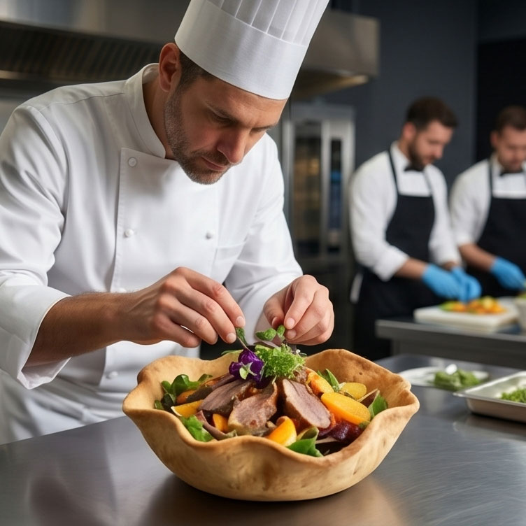chef préparant des plats dans des bols comestibles