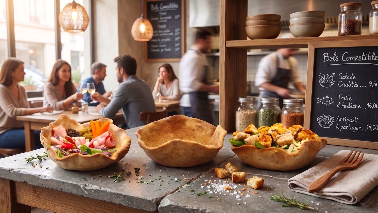 préparation de bols comestibles en cuisine professionnelle